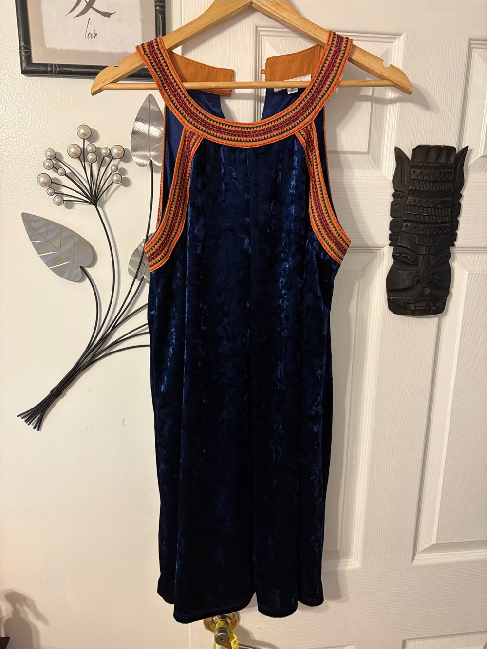 THML Navy Velvet Midi Dress with Orange Embroidered Trim